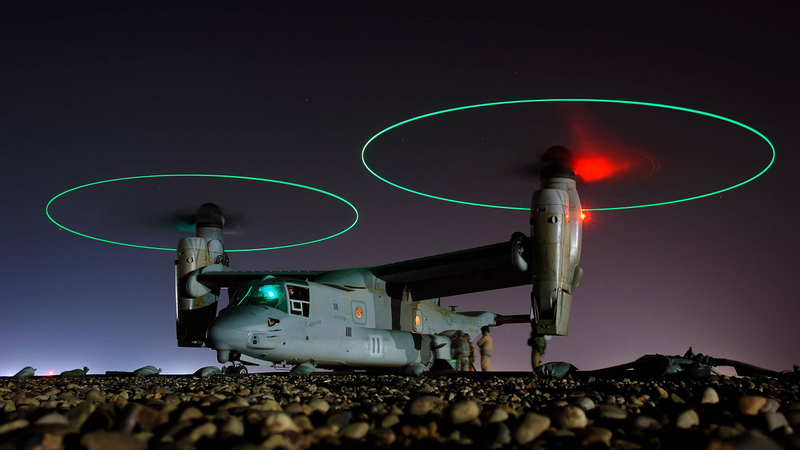 Illustration for article titled Night Vision Goggles Reveal The Osprey's Massive Glowing Rotors